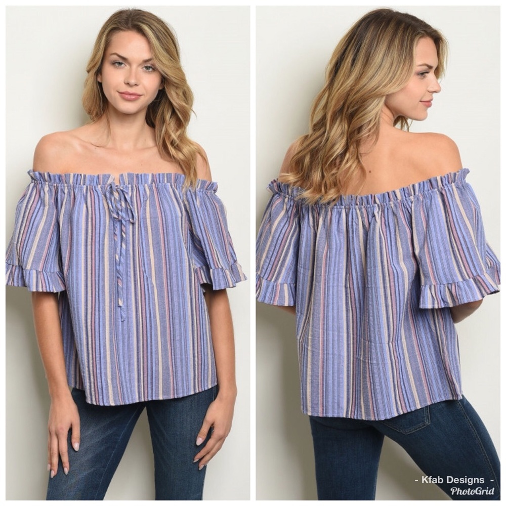 ❤️LAST 1! Off Shoulder Blue/Lavender Striped Top! - Picture 5 of 6